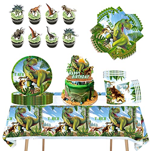 66 PCS Dinosaurier Geburtstagsparty Dekorationen für Jungen Partygeschirr Geschirr Set Geburtstags Party Teller Dino Kuchenaufsätze Dino Tischdecke 10 Personen von ZGCXRTO