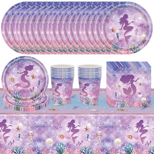 69Pcs Mermaid Party Tableware Kits Mermaid Theme Decorations for Kids Party, Mermaid Table Cloth,7inch Plates,Napkins Ppaer Cups Disposable Tableware Set for Birthday Party Favors Gifts(16 people) von ZGCXRTO