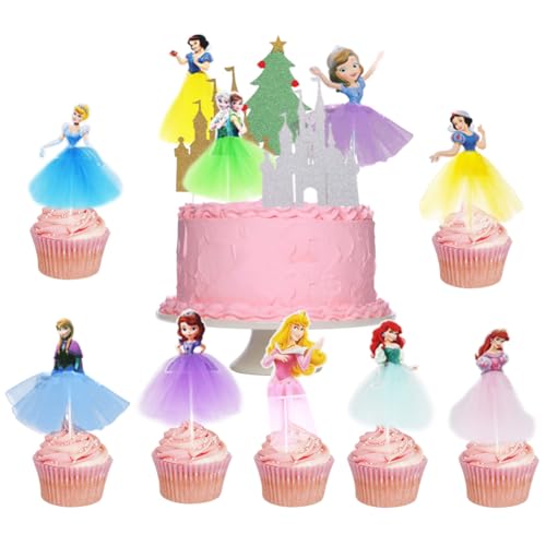Prinzessinnen Cake Toppers 14 Stück Geburtstag Princess Tortendeko Happy Birthday Cupcake Toppers Kuchen Topper Set für Mädchen Prinzessinnen Themenparty Kuchen Dekoration von ZGCXRTO