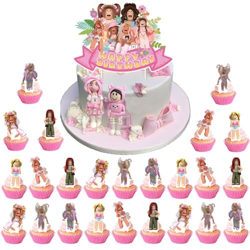 ZGCXRTO 25 PCS Pink Sandbox Themed Cake Topper Pink Roblox Pink Girl Birthday Cake Topper Roblox Happy Birthday Decorations Cake Topper Children Birthday Party Decoration von ZGCXRTO