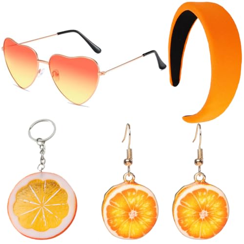 ZGCXRTO 4 Stück Fruchtschmuck Set - Orange Stirnband, Ohrringe, Schlüsselanhänger & Sonnenbrille für Karneval/Fasching/Cosplay (Orange) von ZGCXRTO