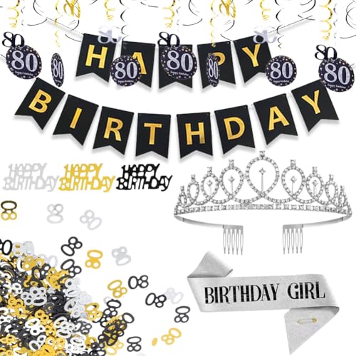 ZGCXRTO 80.Geburtstag Damen Kristall-Silberkrone und Schulterband, 80. Zahl-Dekoration Farbiges Geburtstags konfetti, hängende Dekoration Anhänger Spirale Kranz, Party-Banner Set ZGCXRTO 80.Geburtstag Damen Kristall-Silberkrone und Schulterband, 80. Zahl-Dekoration Farbiges Geburtstags konfetti, hängende Dekoration Anhänger Spirale Kranz, Party-Banner Set von ZGCXRTO