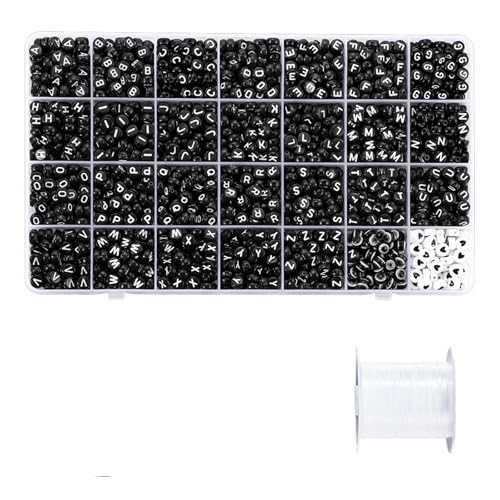ZGCrumphant 1680 Stück 7 mm Flache, runde Buchstabenperlen mit elastischer Kordel, Schmuckscheren-Sets for die Herstellung von Armbändern und Halsketten, DIY-Schmuck(Black) von ZGCrumphant
