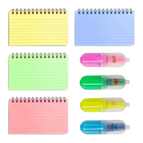 4 Linierte Karteikarten, 4 Textmarker, Abreißbares Spiralnotizbuch, Leitfaden-Überprüfungskarten, Notizkarten, Erinnerungskarten, Tragbares Notizbuch, Zur Verwendung In Schulen Und Büros von ZGDEIWGF