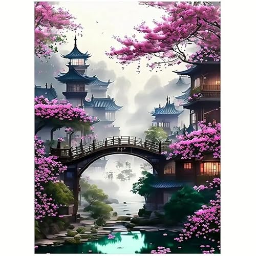 5D Diamond Painting Brückenblumen, KirschblütenDiamond Painting, 5D Diamond Painting Landschaft,DIY Diamant Painting Set mit, Geeignet erwachsene Anfänger diamant painting, Wanddekoration（30x40cm） von ZGDYi