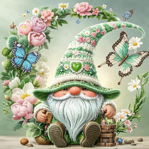 5D Diamond Painting Wichtel, DIY Diamant Painting Gnom mit Schmetterlingen & Blumen, Diamond Painting für Erwachsene Anfänger, DIY Cartoon Runde Steine Diamant Kunst Kits, Zuhause Dekor (30x30cm) von ZGDYi
