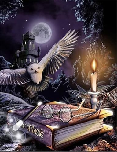 Halloween Diamond Painting Kit 5D, Erwachsene DIY Diamant Malerei Set mit Schloss, Eule & Buch, Halloween Wanddekoration für Kinder, Glitzernde Halloween-Deko, Wohndekoration (Ungerahmt,30x40cm) von ZGDYi