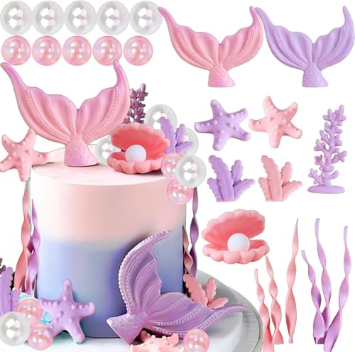 24 Stück Meerjungfrau Kuchen Deko,3D tortenaufleger meerjungfrau mit Muscheln, Seesternen & Perlen, Unterwasserwelt Party, Torte Topper Geburtstag für Meerjungfrau Ozean Themenparty Kuchendeko von ZGGZHeim