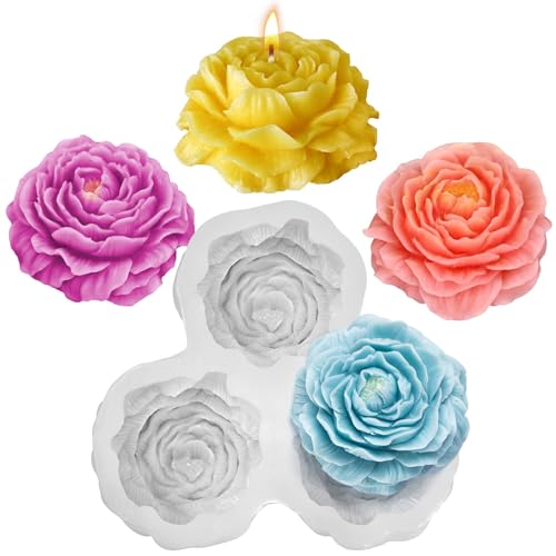 3D Silikonform Blumen Pfingstrose, 3 Kammern Silikon Blumen für Kerzen Seife Wachs Gips Harz, Silikon Gießformen Blume Kerze Rose Nelke Pfingstrose, Gießformen 3D DIY Bastelzubehör von ZGGZHeim