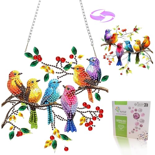 Diamond Painting Fensterbilder beidseitig,5D Diamant Painting Anhänger Vögel auf Ast,DIY Diamond Art Pendant zum Aufhängen mit Kette,Doppelseitige Fensterdeko Ornament für Erwachsene,Wand,Balkon Dekor von ZGGZHeim