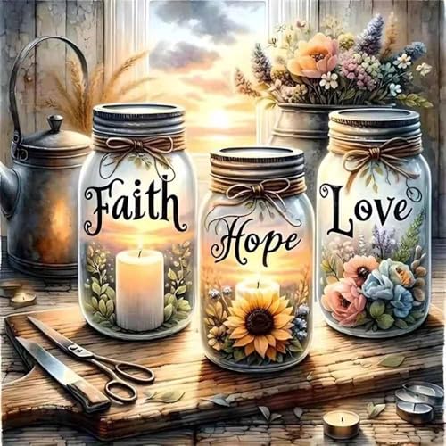 Wunschflasche Diamond Painting Erwachsene 5D, Faith Hope Love Kerzen Bild auf Leinwand, DIY Diamant Malen Set mit Sonnenblume & Blumen, Wanddeko für Zuhause,Daiments Painting für Anfänger , 30x30cm Wunschflasche Diamond Painting Erwachsene 5D, Faith Hope Love Kerzen Bild auf Leinwand, DIY Diamant Malen Set mit Sonnenblume & Blumen, Wanddeko für Zuhause,Daiments Painting für Anfänger , 30x30cm von ZGGZHeim