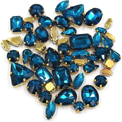 Strasssteine, DIY Handarbeit Bulk 50 Stück/Beutel Mix Form Kristallsteine ​​Gold Krallenfassung Glas Strass for Aufnähen auf Taschen/Schuhe/Kleidung(Peacock Blue) von ZGHQHCDRH