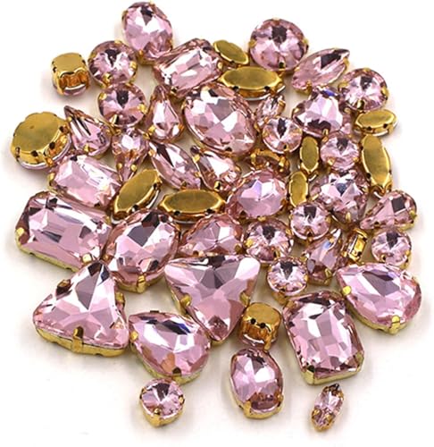 Strasssteine, DIY Handarbeit Bulk 50 Stück/Beutel Mix Form Kristallsteine ​​Gold Krallenfassung Glas Strass for Aufnähen auf Taschen/Schuhe/Kleidung(Pink) von ZGHQHCDRH