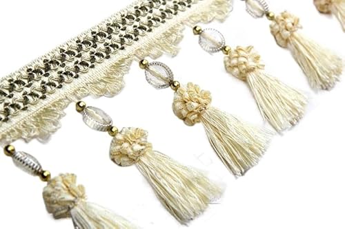 ZGHQHCDRH Fransenverzierung, Perlen hängende Kugelquaste, Fransenbesatz, 2 Meter geflochtene Perlenquaste, Fransenbesatz, Vorhang, Tischdecke, dekorativ(Beige) von ZGHQHCDRH