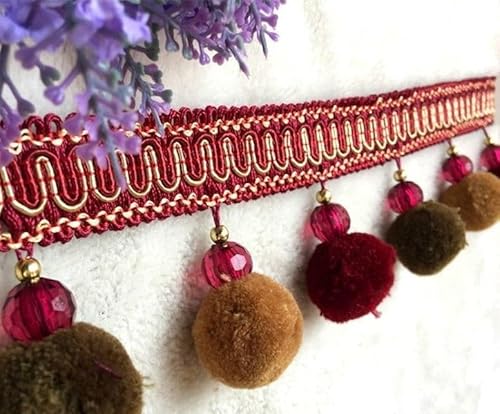 ZGHQHCDRH Fransenverzierung, Perlen hängende Kugelquaste, Fransenbesatz, 3 Meter Pompom-Kugelbandbesatz, Quastenfransen for Kanten, Basteln, DIY, Sofa-Vorhang-Dekoration(Purple Red) von ZGHQHCDRH
