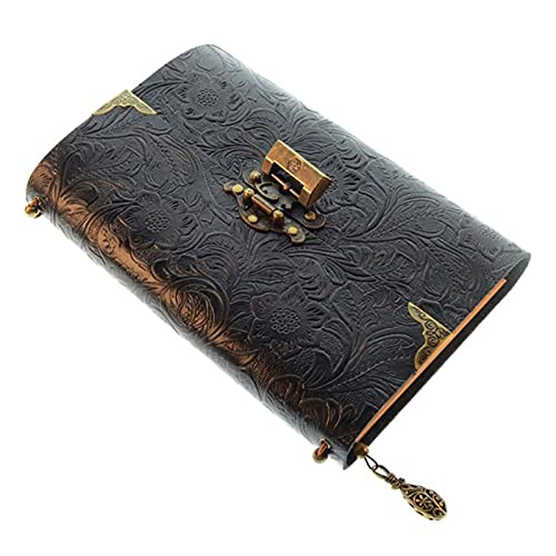 ZGHQHCDRH Notizbuch, Notizbuch mit geprägtem Muster, weiches Leder, Reisenotizbuch Schloss, Tagebuch, Notizblock, Kraftpapier for geschäftliches Skizzieren und Schreiben(Black) von ZGHQHCDRH
