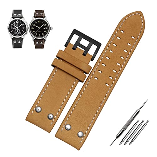 ZGHQHCDRH Uhrenarmband, Echtes Leder Uhrenarmband Uhrenarmband Uhrarmband Knopfschnalle(Khaki Black,22mm) von ZGHQHCDRH