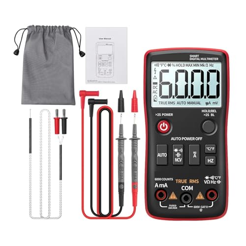 AN113B Digitalmultimeter True RMS Mit Temperaturtester 6000 Counts Auto Ranging AC/DC Transistor Spannungsmesser Genau Messen(AN113B Red) von ZGJIAJU