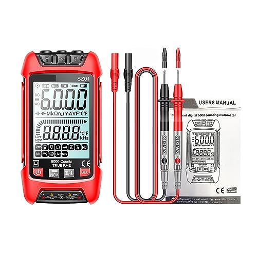 Digitales Multimeter, Transistor-Smart-Tester, 9999 Zählungen, True RMS, Automatisches Elektrisches Kapazitätsmessgerät, Temperaturwiderstand Genau Messen(SZ01 Red) von ZGJIAJU