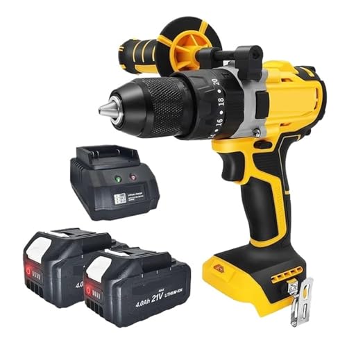 Hammerbohrer Elektrischer Bohrhammer, 20 V, Bürstenlos, Kabellos, 13 Mm, Schlagbohrmaschine, Eisschraubendreher, 4,0 Ah Akku For Holz, Metall, Beton(2PCS 4Ah Battery) von ZGJIAJU