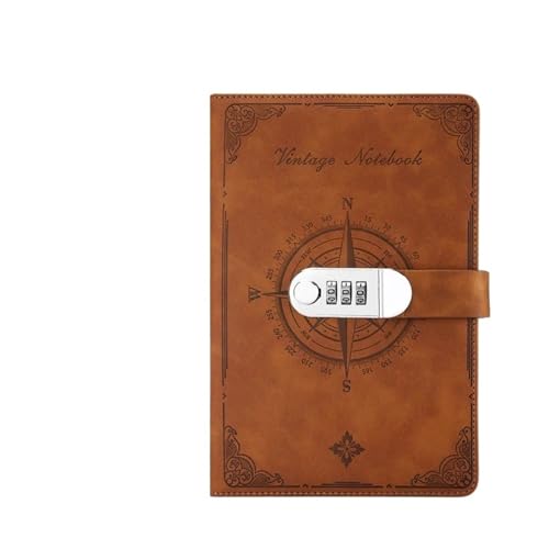 ZGPjubilant Notizbuch, A5, 200 Seiten, Retro-Passwortbuch mit Schloss, Tagebuch, Ordner, verdickt, kreatives Handbuch, Studenten-Notizblock, Schreibwaren für Studium, Arbeit (schwarz) (Brown) von ZGPjubilant