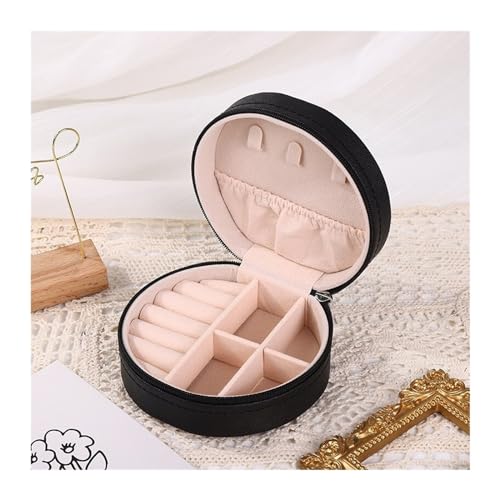 SchmuckkäStchen Tragbare runde Schmuckschatulle for Halsketten, Ohrringe, Ringe, Schmuck-Organizer, Display, Reise-Schmucketui, Aufbewahrungsbox aus Pu-Leder Schmuckbox(Color:Black) von ZGXNYI