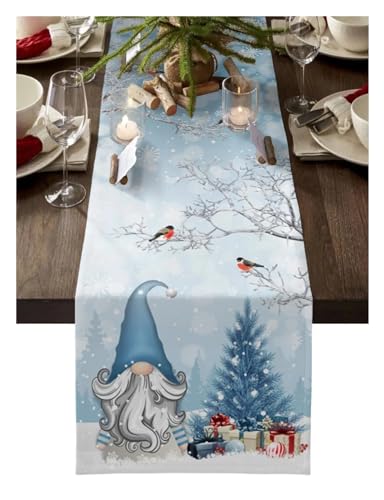 Weihnachten Tischdecke Weihnachtszwerg Schneeflocke Blau Leinen Tischläufer Kommode Schals Tischdekoration Winter Esstischläufer Weihnachtsdekorationen Dekorierte Tischdecke(150x33cm 59x13inch) von ZGXNYI