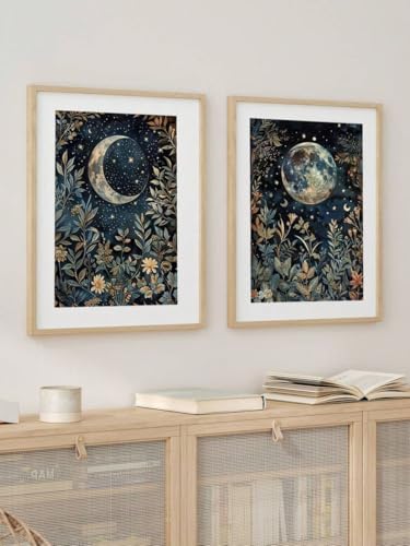 2 Vintage-Wandbilder auf Leinwand mit Mond- und Botanikmotiven, himmlische Kunst, von Dark Academia inspirierte Wanddekoration für Wohnzimmer und Büro (20 x 35 cm x 2/Rahmen) von ZHAOLIN
