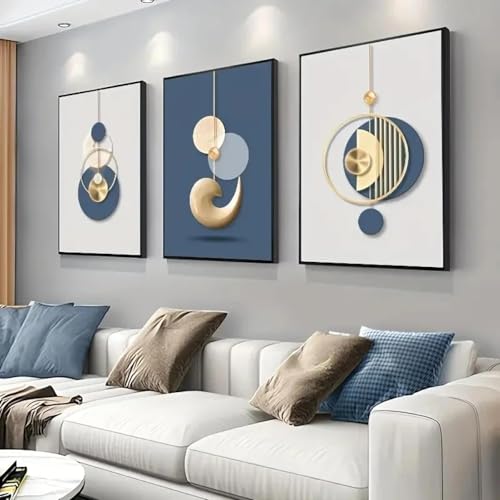 3-teiliges Leinwandposter, moderne Kunst, goldene blaue abstrakte Grafikdrucke, Poster, Wandkunst, Dekor für Schlafzimmer, Wohnzimmer, Flur, 40 x 60 x 3 cm, rahmenlos von ZHAOLIN