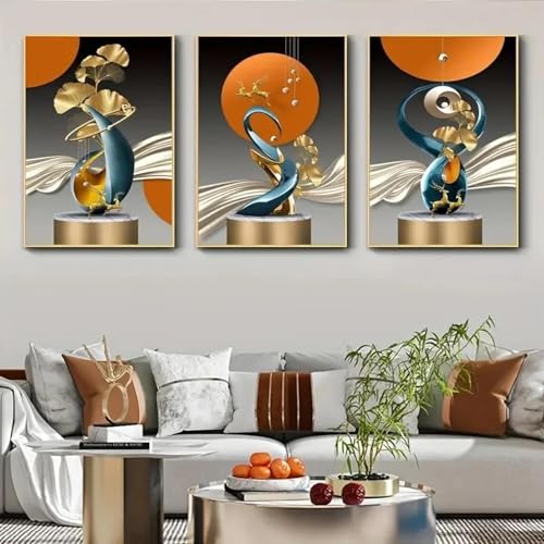 Leinwandposter, moderne Kunst, Goldener Hirsch, Gingko-Blatt, Leinwand-Wanddekoration, ideale Geschenke für Wohnzimmer, Badezimmer, Wandkunst, Dekoration, 70 x 90 cm, 3 Innenrahmen von ZHAOLIN