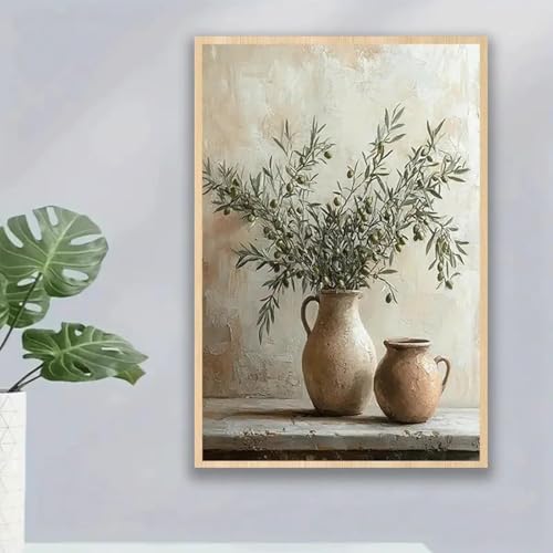 Vintage-Kunst-Leinwandposter mit Olivenzweig, modernes Gemälde für Wohnzimmer- und Schlafzimmerdekoration – einzigartige Akzentwandkunst für Zuhause, 60 x 80 cm, Innenrahmen von ZHAOLIN