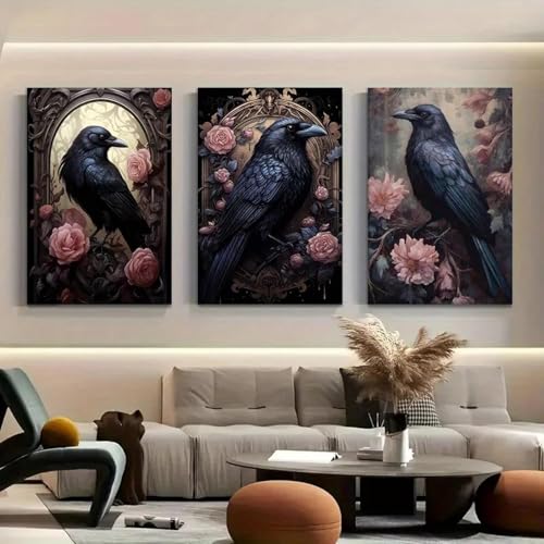 ZHAOLIN 3-teiliges Gothic Dark Academia-Wandbild, schwarzer Rabe, Halloween-Geister und Kobolde, dekoratives Leinwandbild, Vintage-Schlafzimmer-Poster, 50 x 70 cm (20 x 28 Zoll), 3 x rahmenlos von ZHAOLIN