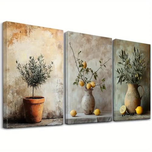 ZHAOLIN 3-teiliges neutrales Wandbild – ästhetische Leinwanddrucke im Vintage-Stil, Olivenzweige, Zitronenfrüchte, rustikales Vasen-Poster für die Küchendekoration, 40 x 60 cm x 3, rahmenlos ZHAOLIN 3-teiliges neutrales Wandbild – ästhetische Leinwanddrucke im Vintage-Stil, Olivenzweige, Zitronenfrüchte, rustikales Vasen-Poster für die Küchendekoration, 40 x 60 cm x 3, rahmenlos von ZHAOLIN