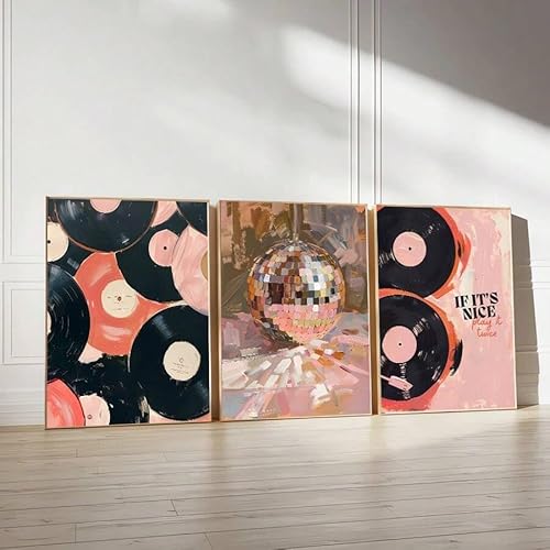 ZHAOLIN 3er-Set Vintage-Schallplatten-Diskokugel-Musikkunst-Poster, Retro-Mädchen-Wanddekoration, Leinwandgemälde, ästhetische Wohnung, Schlafzimmer-Dekoration (60 x 80 x 3 cm/Leinwandumschlag) von ZHAOLIN