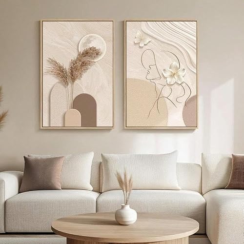 ZHAOLIN Großes, neutrales, abstraktes Wandbild für Wohnzimmer, 2-teilig, hellbraun und cremebeige, Leinwandgemälde für Wände, Frauensilhouette (60 x 80 cm x 2/Rahmen) von ZHAOLIN