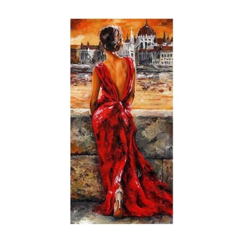 ZHAOLIN Großes romantisches rotes Kleid Frau Poster Leinwand Ölgemälde nordischen Landschaftsdruck Wandkunst Bild für Wohnzimmer Dekor 90x180cm (35x71in) Rahmenlos von ZHAOLIN