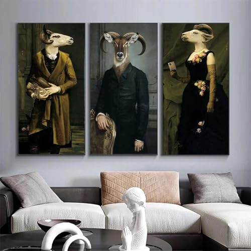 ZHAOLIN Poster im Vintage-Stil mit der Gräfin der Ziegen, Drucke, Tiere im Anzug, Leinwandgemälde, Wand, nordisches Innenbild, Wohnkultur, 70 x 140 cm (28 x 55 Zoll) x3, rahmenlos von ZHAOLIN