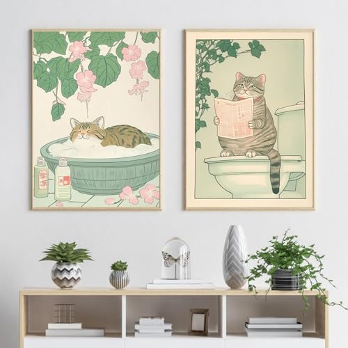 ZHAOLIN Poster mit getigerter Katze auf einer Toilette, Leinwandbild, lustiger Badezimmerdruck, japanische ästhetische Wandkunst, neutrale minimalistische Dekoration, 70 x 90 cm x 2 Innenrahmen ZHAOLIN Poster mit getigerter Katze auf einer Toilette, Leinwandbild, lustiger Badezimmerdruck, japanische ästhetische Wandkunst, neutrale minimalistische Dekoration, 70 x 90 cm x 2 Innenrahmen von ZHAOLIN
