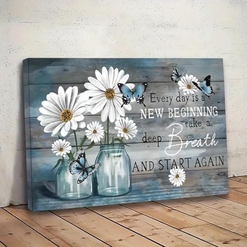 ZHAOLIN Rustikales Leinwandbild mit Gänseblümchen und blauem Schmetterling und inspirierendem Zitat – Blumendruck für Zuhause, Büro oder Badezimmer, 50 x 70 cm, rahmenlos von ZHAOLIN