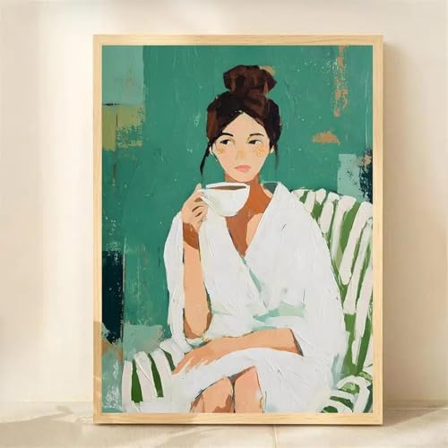 ZHAOLIN Smaragdgrüne abstrakte Frau-Wandkunst, moderne minimalistische Streifenkunst, Kaffeeliebhaber-Dekor, lustiges Leinwandgemälde, Wanddekoration, 50 x 70 cm, Innenrahmen von ZHAOLIN