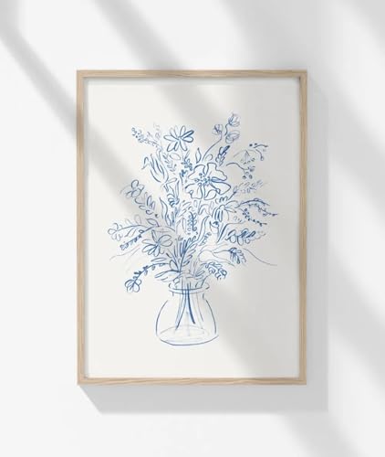 ZHAOLIN Stillleben mit blauen Blumen, Blumenstrauß-Kunstdruck, ästhetisches Poster im Bohemian-Stil, Linien-Blumenkunst, Aquarell-Leinwandgemälde, 50 x 70 cm, rahmenlos von ZHAOLIN