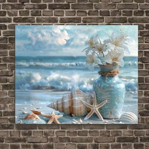 ZHAOLIN Strand-Küsten-Wandbild, blaues Leinwandbild, Muschel- und Blumenanhänger, Seestern, ruhiger Ozean, Wandkunstdruck für Wohn- und Schlafzimmerdekoration, 50 x 70 cm, rahmenlos von ZHAOLIN