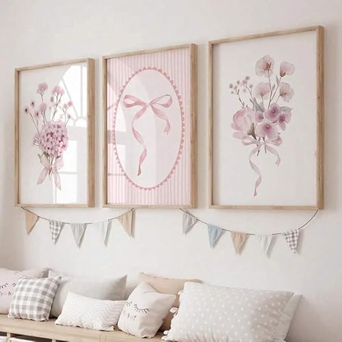 ZHAOLIN Süße rosa Schleife, florales botanisches Kinderzimmer-Wandbild, Leinwanddruck, minimalistisches Baby-Mädchenzimmer, ästhetisches Dekor für Kinderzimmer (60 x 80 x 3 cm/Leinwandumschlag) von ZHAOLIN