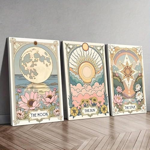 ZHAOLIN Vintage Sonne Stern Mond Tarot Wandkunst Druck, Retro Botanische Boho Blumen Leinwand Poster, Himmlische Wanddekoration für Wohnzimmer (40x60x3 cm/Canvas Wrap) von ZHAOLIN