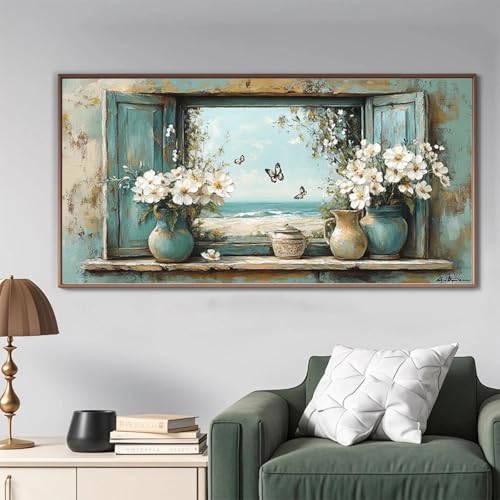 ZHAOLIN Vintage-Wandkunst auf Leinwand, ruhige Strandszene mit Blumen und Schmetterlingen, hellblau-weiße Farbpalette, modernes Dekor, Wandkunst, 70 x 140 cm, Innenrahmen ZHAOLIN Vintage-Wandkunst auf Leinwand, ruhige Strandszene mit Blumen und Schmetterlingen, hellblau-weiße Farbpalette, modernes Dekor, Wandkunst, 70 x 140 cm, Innenrahmen von ZHAOLIN