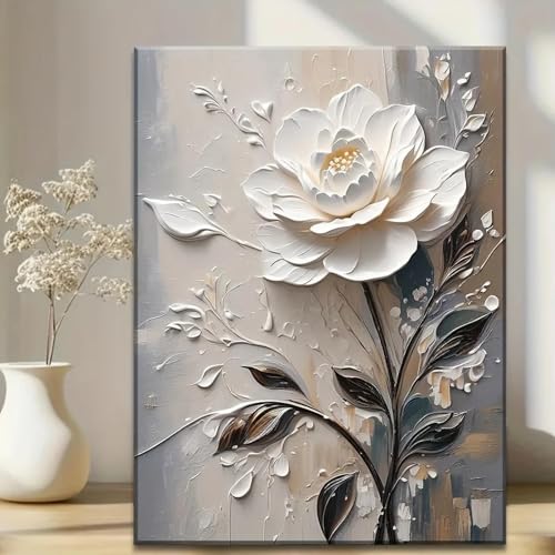 ZHAOLIN Weißes florales 3D-Effekt-Leinwandbild, modernes abstraktes Blumengemälde, Modethema, Heimdekoration für Büro, Wohnzimmer, 50 x 70 cm, rahmenlos von ZHAOLIN
