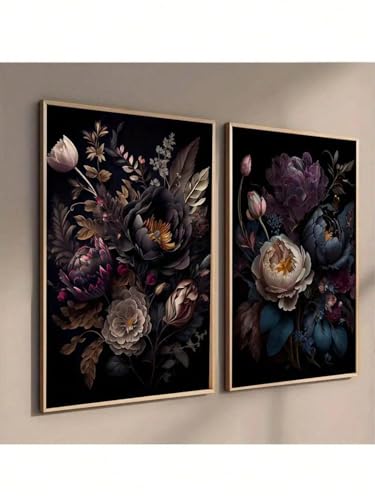 ZHAOLIN kreative Leinwand-Wandkunst-Poster, Blumengemälde in dunklen Tönen, abstraktes Vintage-Blumendesign für die Heimdekoration im Wohnzimmer (20 x 35 cm x 2/Rahmen) von ZHAOLIN