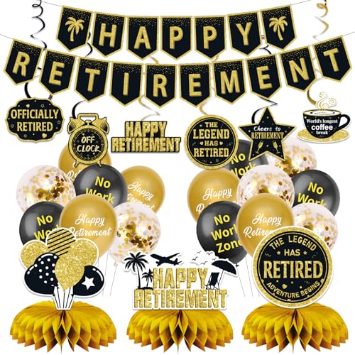 Party-Dekorationen für Männer und Frauen, Schwarz / Gold, Happy Retirement, Banner mit Wabenstruktur, Wirbel, Luftballons, Partyzubehör Party-Dekorationen für Männer und Frauen, Schwarz / Gold, Happy Retirement, Banner mit Wabenstruktur, Wirbel, Luftballons, Partyzubehör von ZHAOQIZENG