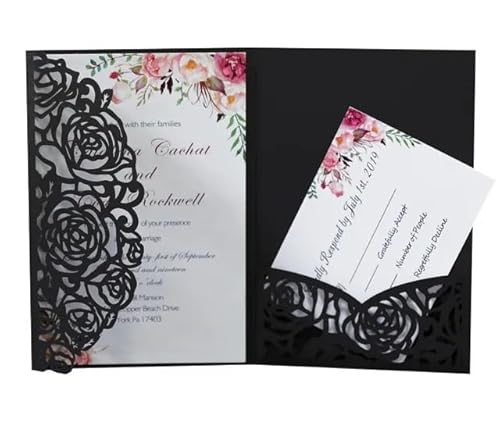 ZHAOYUQI Hochzeitskarte 10 Teile/los Blume Design Hochzeit Einladung Karte Schwarz Rot Einladung Karte Multi Farbe Visitenkarte Mit Innenseite Und Umschlag Hochzeitseinladungskarten(Noir) von ZHAOYUQI