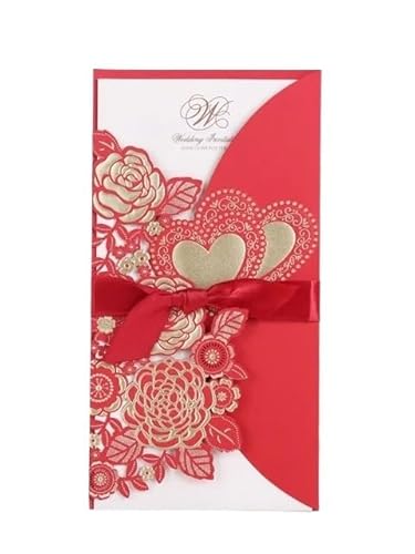 ZHAOYUQI Hochzeitskarte 10 Teile/los Nvitation Karten Gold Rot Weiß Blume Design Hochzeit Einladung Karten Elegante Grußkarten Mit Band Hochzeitseinladungskarten(Red) von ZHAOYUQI